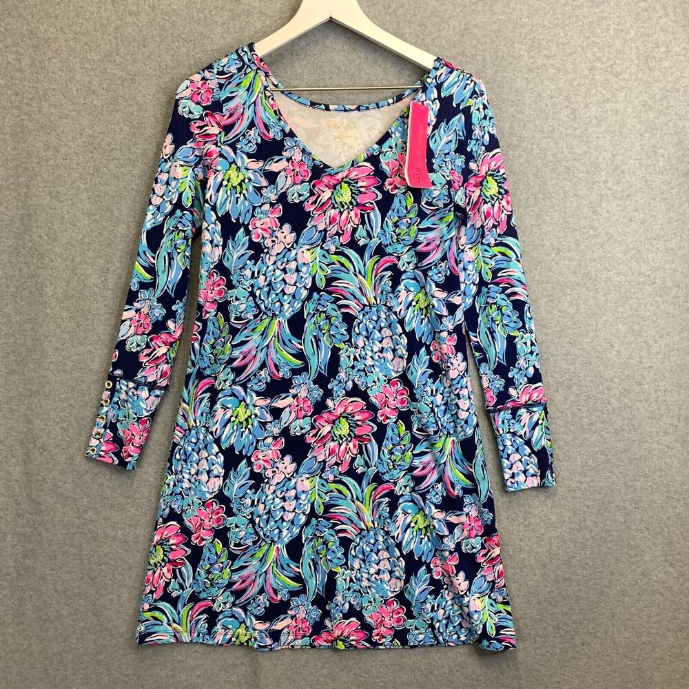 Lilly Pulitzer Kaisley Dress XS High Tide Navy Pineapple Paradise Dual Neck NEW - Picture 2 of 15